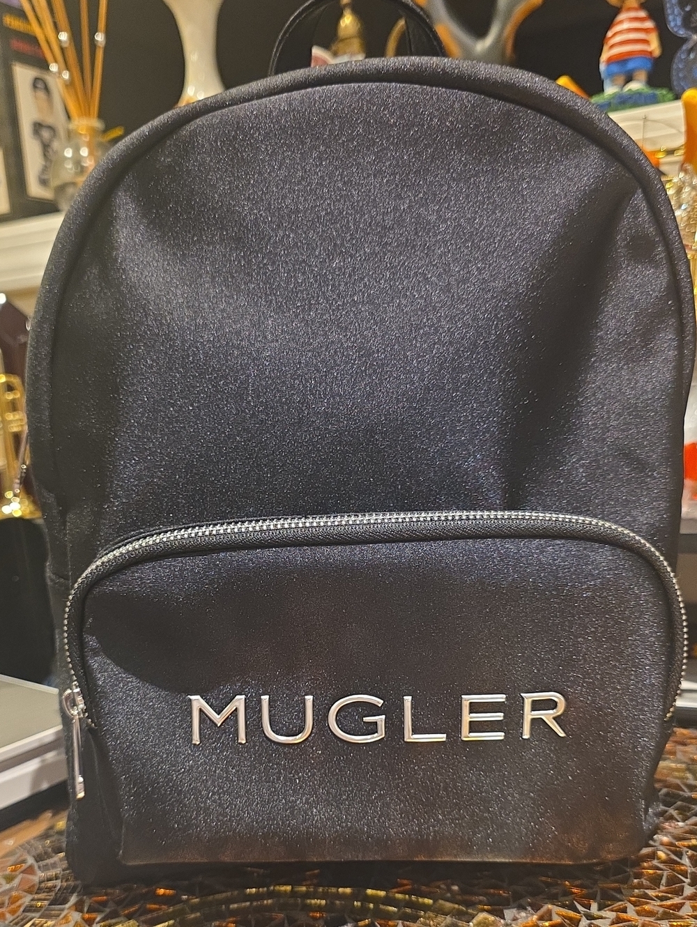 Mugler Black Satin Men's Backpack with Silver Logo